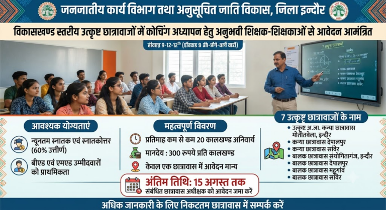 उत्कृष्ट छात्रावासों में कोचिंग अध्यापन कार्य कराने हेतु अनुभवी शिक्षकों से आवेदन आमंत्रित