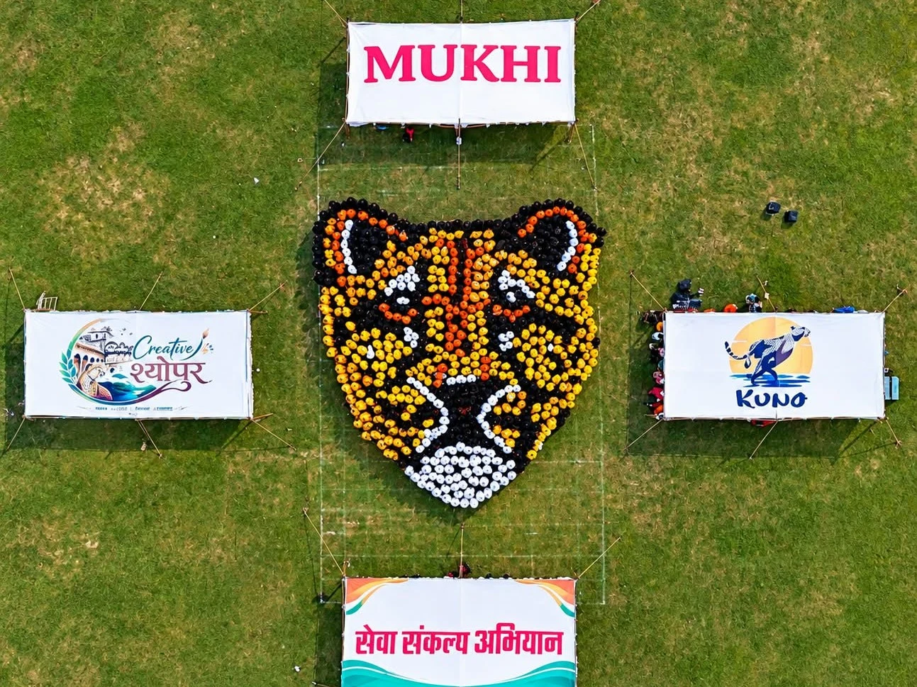 ह्यूमन रंगोली अन्तर्गत महिलाओं एवं छात्राओं ने बनाई मादा चीता मुखी की विशाल प्रतिकृति